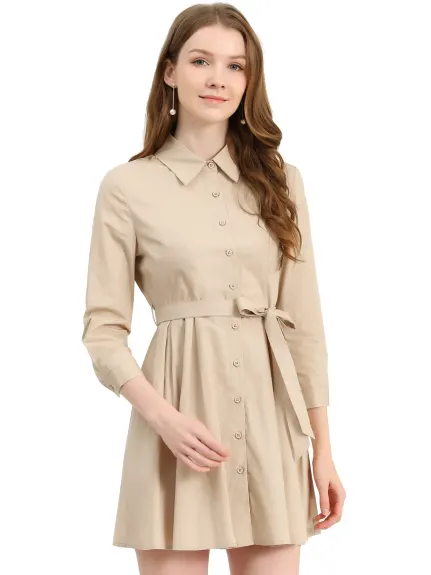 Allegra K- Point Neck Button Up 3/4 Sleeve Belted Shirt Dress