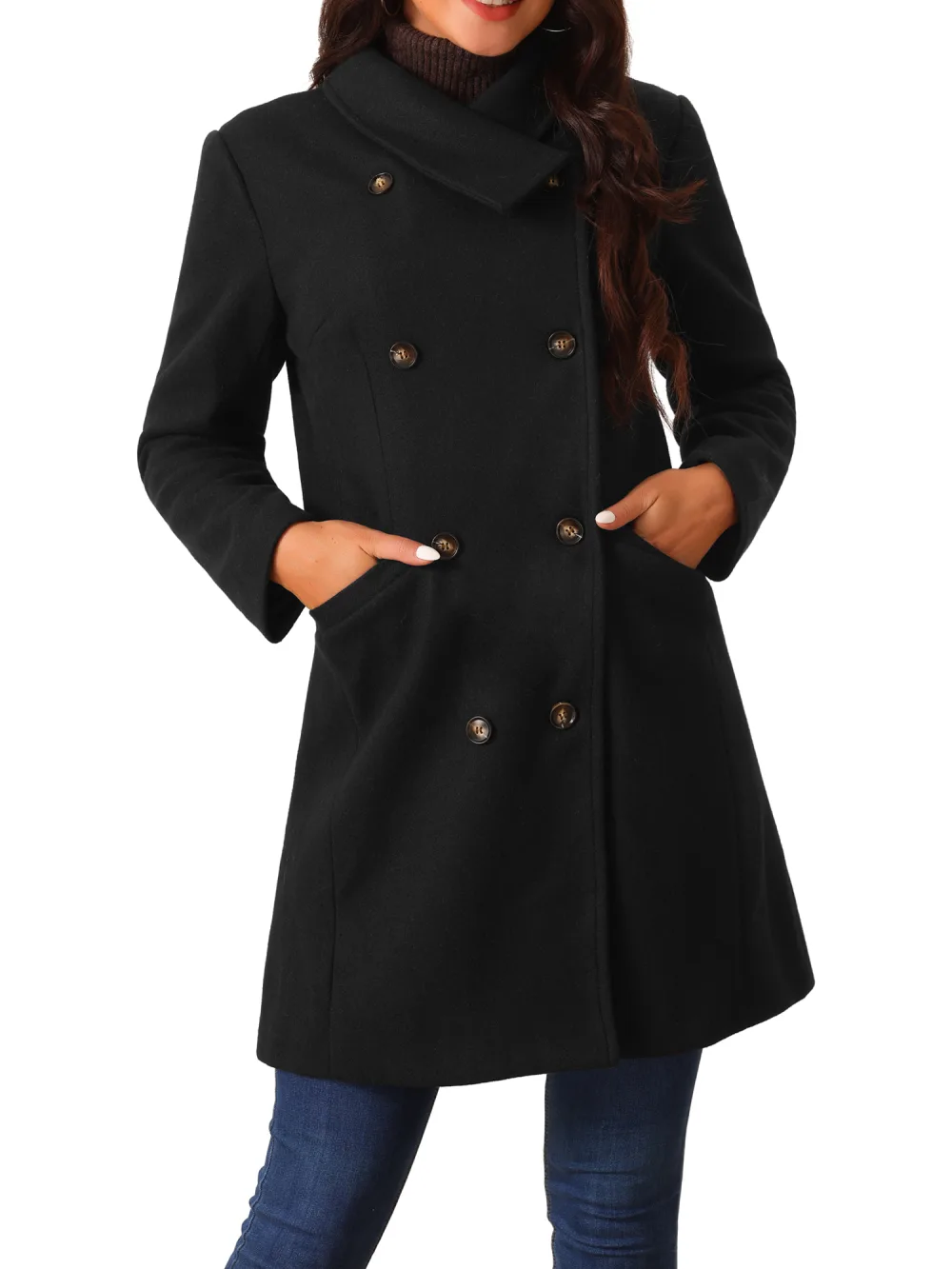 Allegra K - Double Breasted Winter Outwear Peacoat