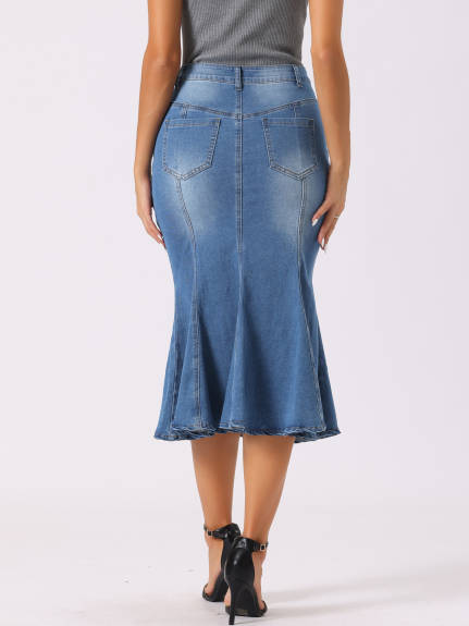 Allegra K- Washed Denim Fishtail Midi Bodycon Skirt