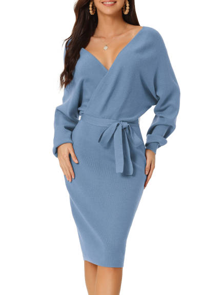 Allegra K - Deep Wrap V Neck Belted Sweater Dress