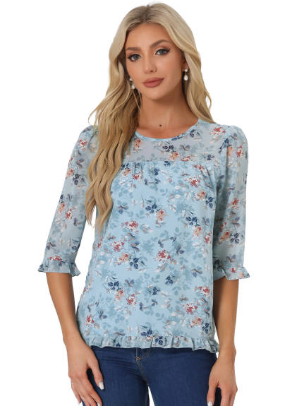 Allegra K- Floral Ruffled 3/4 Sleeve Chiffon Blouses