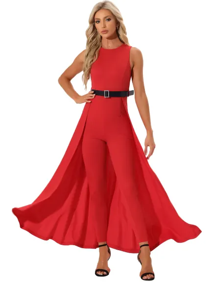 Allegra K - Overlay Elegant Sleeveless Belted Jumpsuit