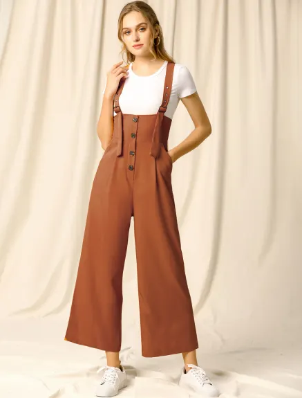 Allegra K- Wide Leg Belted Button Jumpsuit Overall