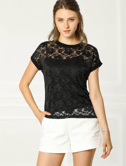 Allegra K- Lace Floral Embroidery See-Through Top