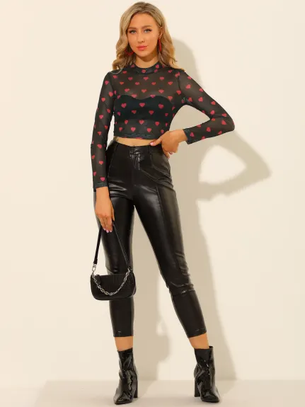 Allegra K- Semi-Sheer Blouse Heart Print Crop Mesh Top