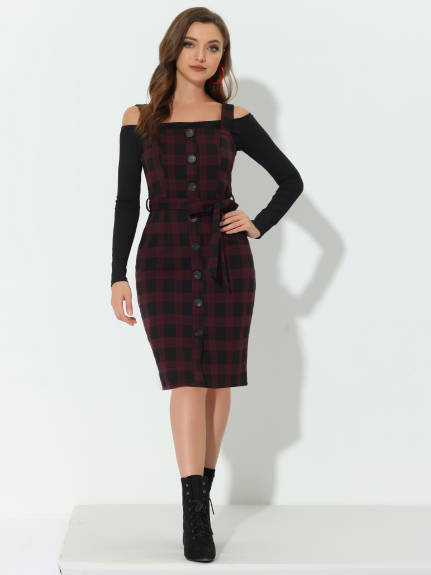 Allegra K- Plaid Button Front Tie Waist Pinafore Overall Pencil Dress