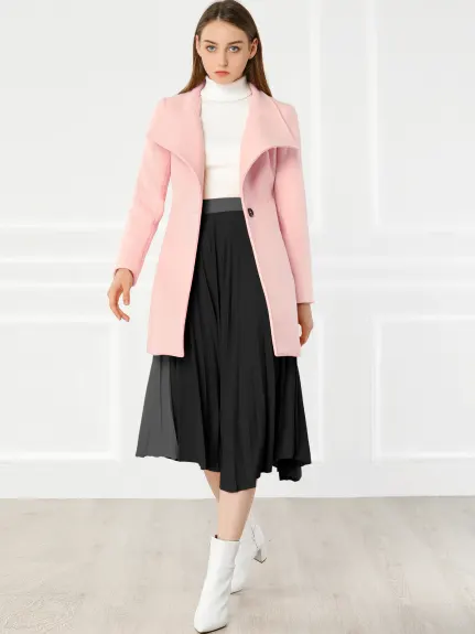 Allegra K- Classic Stand Collar Belted Long Coat