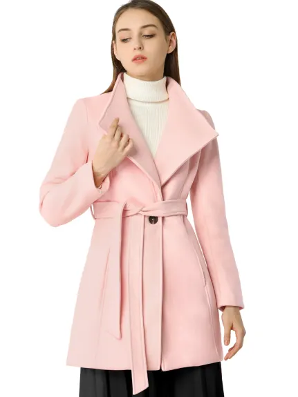 Allegra K- Classic Stand Collar Belted Long Coat