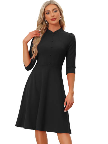 Allegra K- 3/4 Sleeves Stand Collar A-Line Dress