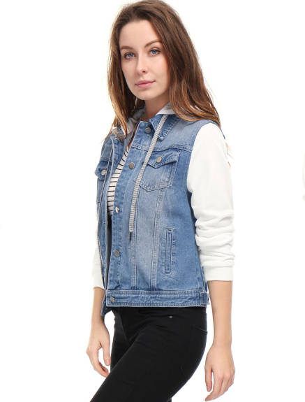 Allegra K- Drawstring Hood Denim Jean Jacket