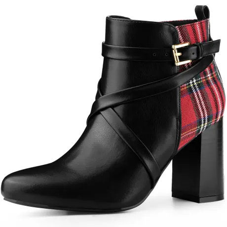 Allegra K - Plaid Color Block Crisscross Strap Ankle Boots