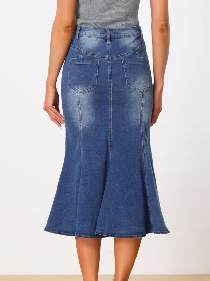 Allegra K- Washed Denim Fishtail Midi Bodycon Skirt