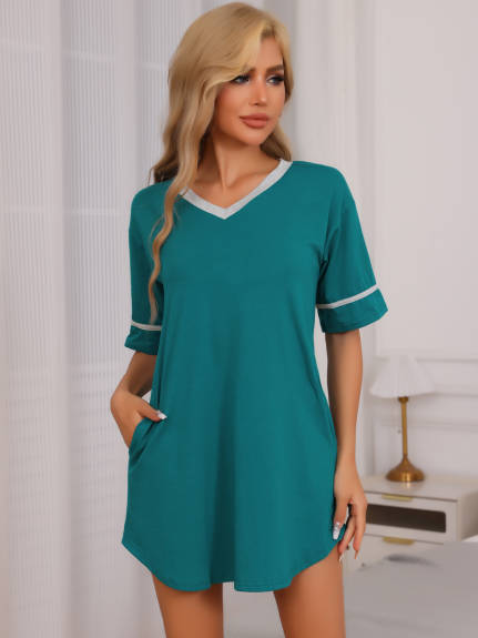 Cheibear - Cotton V-Neck Short Sleeve Nightgown