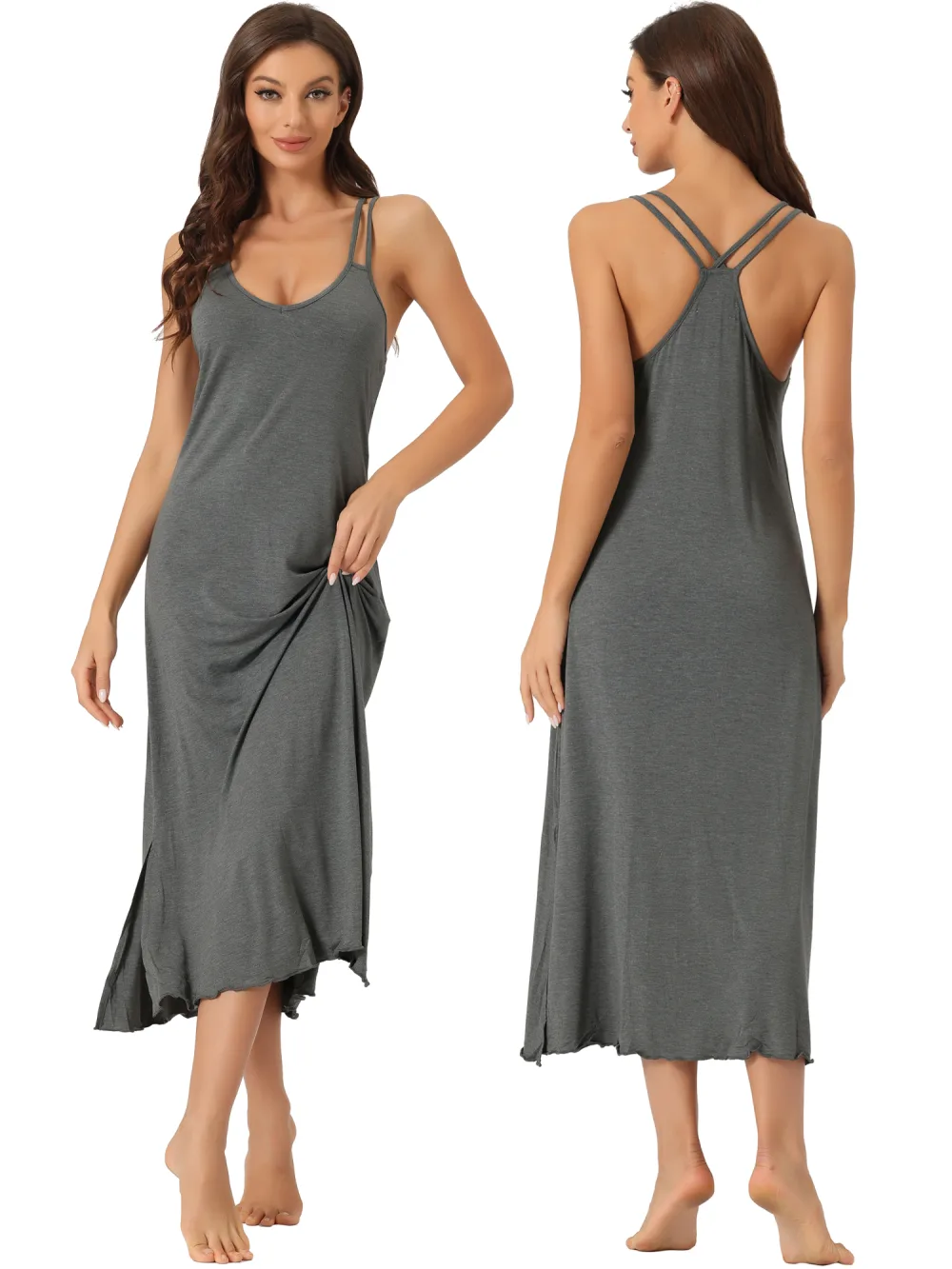 cheibear - Racer Back Full Slip Camisole Long Nightgown