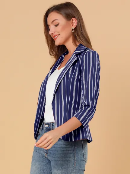 Allegra K- Casual Striped 3/4 Sleeves Open Front Notched Lapel Blazer