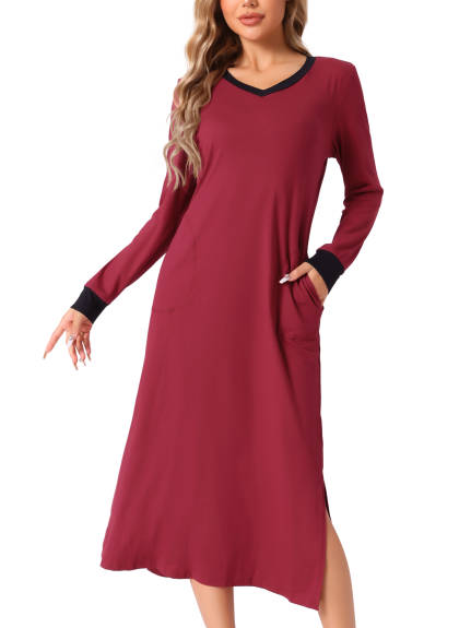 Cheibear - Long Sleeve V Neck Nightgown with Pockets