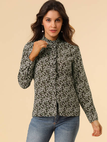 Allegra K- Floral Ruffle Stand Collar Long Sleeve Shirt