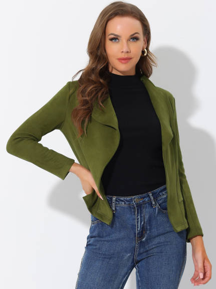 Allegra K- Faux Suede Open Front Lapel Draped Jacket Cardigan