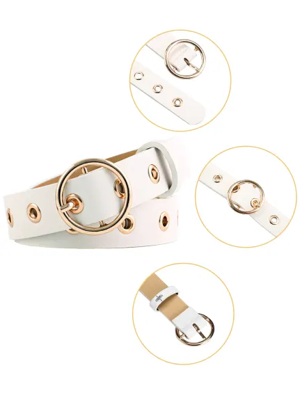 Allegra K- Studded Grommet Circle Metal Buckle Leather Belt