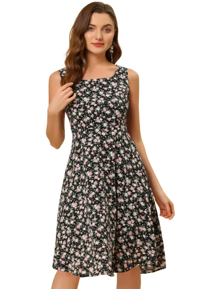 Allegra K- Robe midi en mousseline florale sans manches à col carré