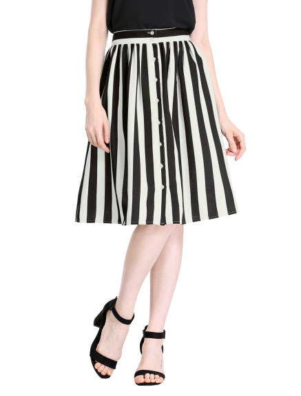 Allegra K - Button A-Line Striped Midi Skirt