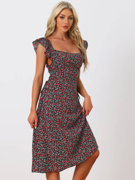 Allegra K - Cherry Print Lace-up Cap Sleeve Midi Dress