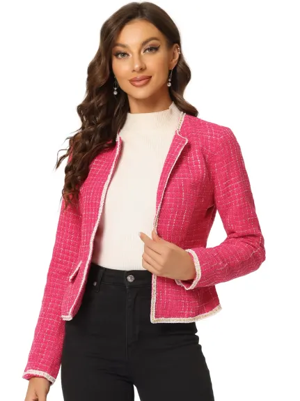 Allegra K- Plaid Tweed Open Front Short Blazer