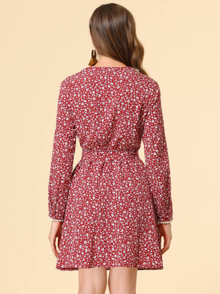 Allegra K- Long Sleeve Half Placket Floral Dress