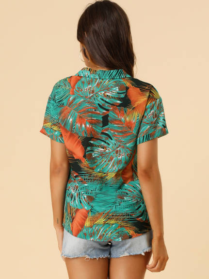 Allegra K- Beach Tropical Printed Button Down Shirt