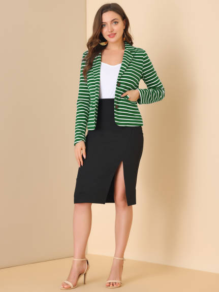 Allegra K- Notched Lapel Pocket Button Closure Striped Blazer