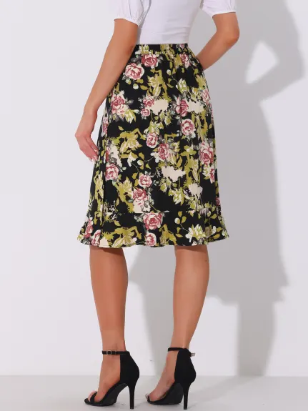 Allegra K- Floral Ruffle A-Line Split Midi Skirt