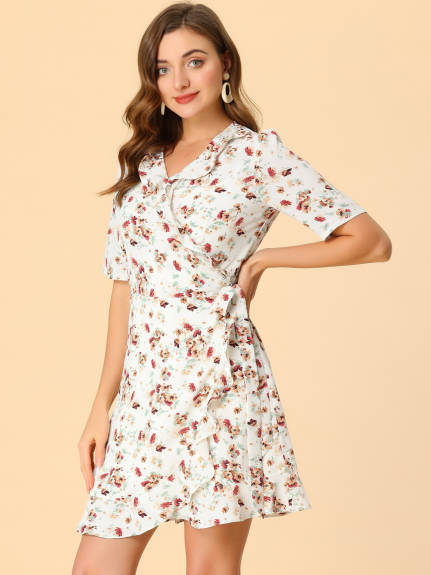 Allegra K- Mini robe florale à volants et à nouer à manches courtes bouffantes