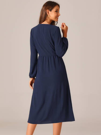 Allegra K - Long Sleeve V-Neck Pleated Fall Dress