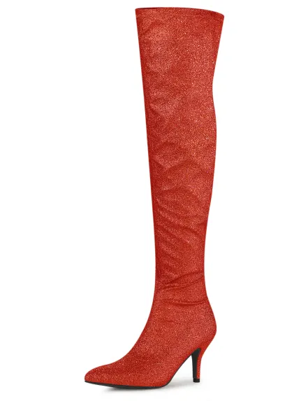 Allegra K - Glitter Stiletto Heel Over-the-Knee High Boots