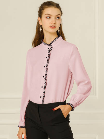 Allegra K- Ruffled Stand Collar Chiffon Shirt Blouse