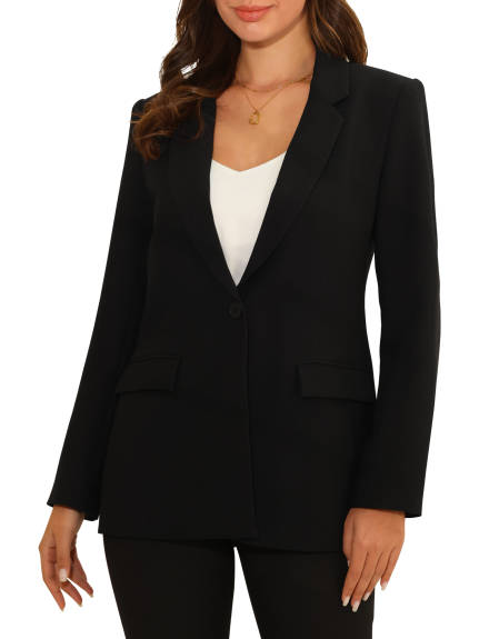 Hobemty - Solid One Button Long Sleeve Blazer