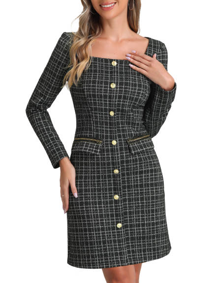 Allegra K - Tweed Plaid Long Sleeve Sheath Dress