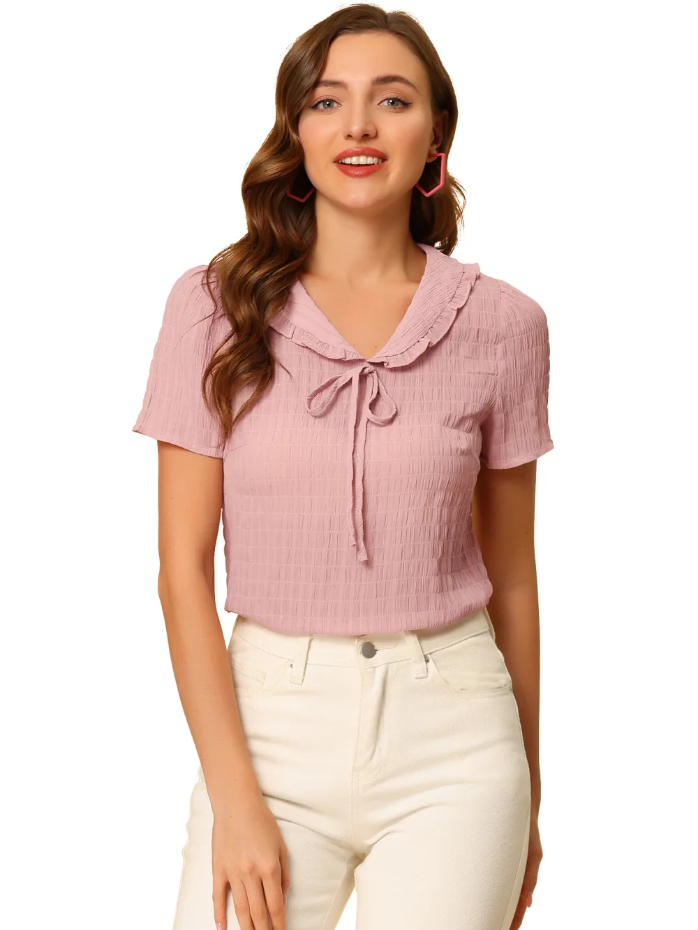 Allegra K- Short Sleeve Summer Ruffle Tie Neck Blouse