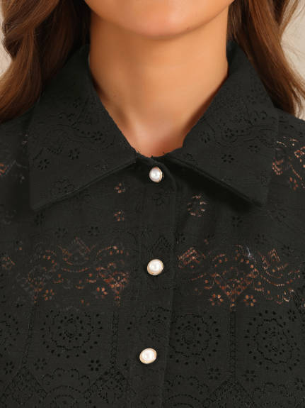 Allegra K - Elegant Eyelet Lace Puff Long Sleeve Shirt