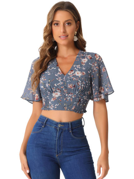 Allegra K - Floral V Neck Smocked Crop Top