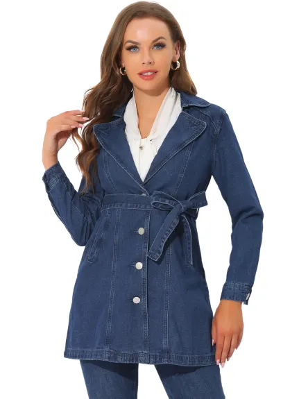 Allegra K- Notched Lapel Button Belted Long Denim Jacket