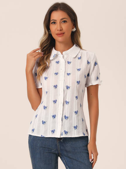 Allegra K - Frilled Short Sleeve Floral Cotton Shirt