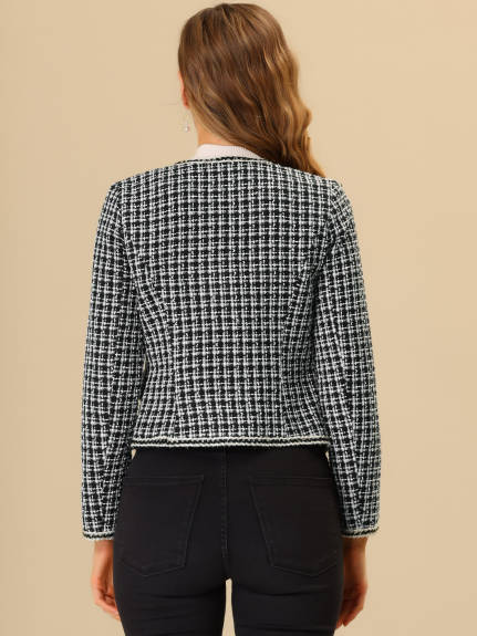 Allegra K- Plaid Tweed Open Front Short Blazer