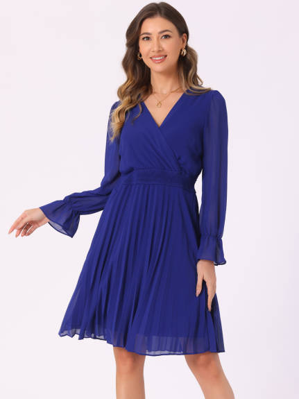 Allegra K - Smocked Long Sleeve Pleated Midi Dress