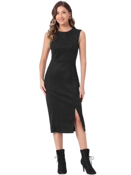 Allegra K - Faux Suede Split Hem Work Dress