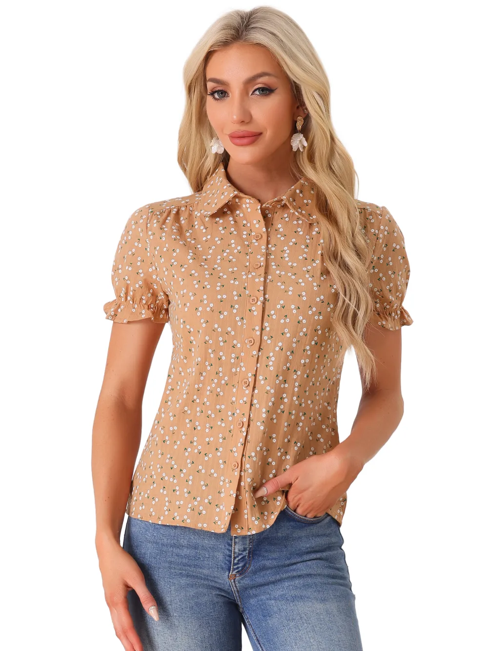 Allegra K - Frilled Short Sleeve Floral Cotton Shirt