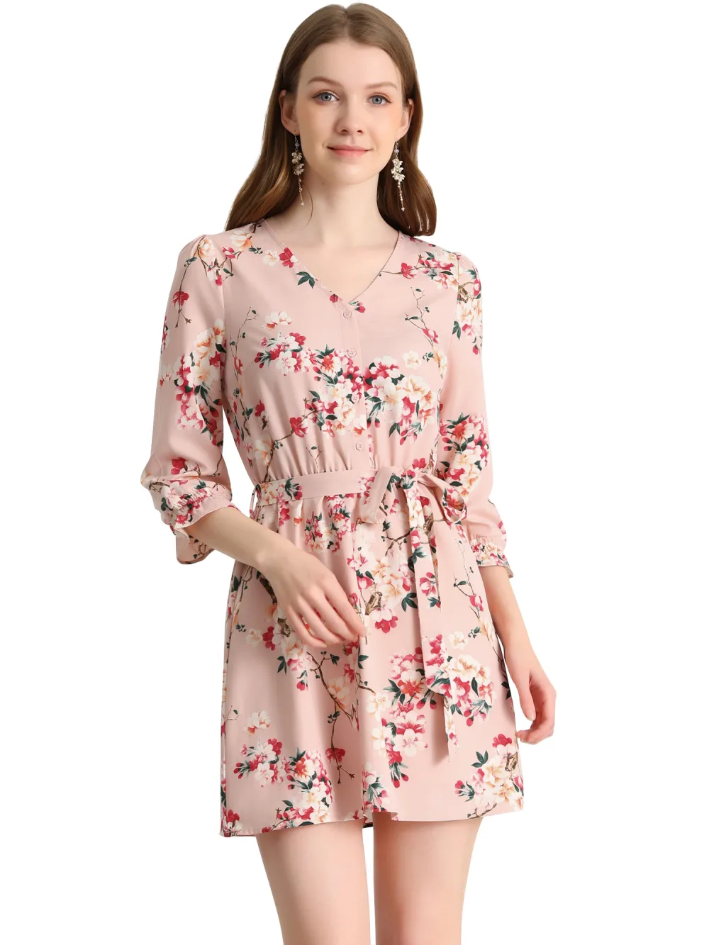 Allegra K- Floral Half Placket Belted 3/4 Sleeve Dress