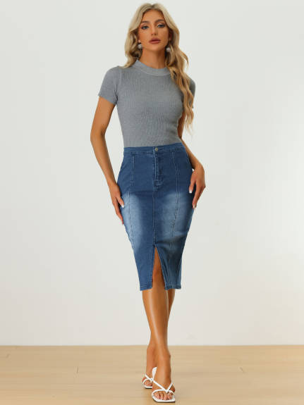 Allegra K- Elastic Waist Split Denim Pencil Skirt