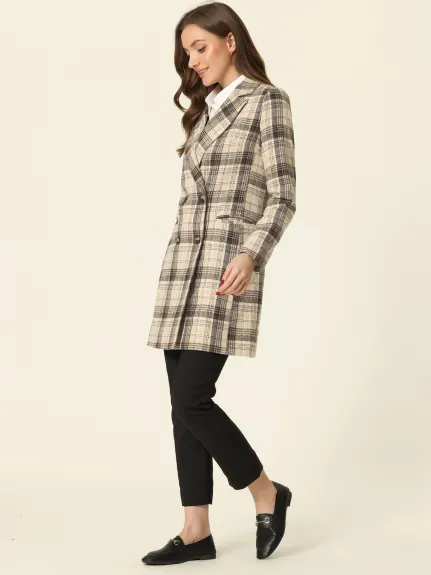 Allegra K- Notched Lapel Double Breasted Plaid Blazer