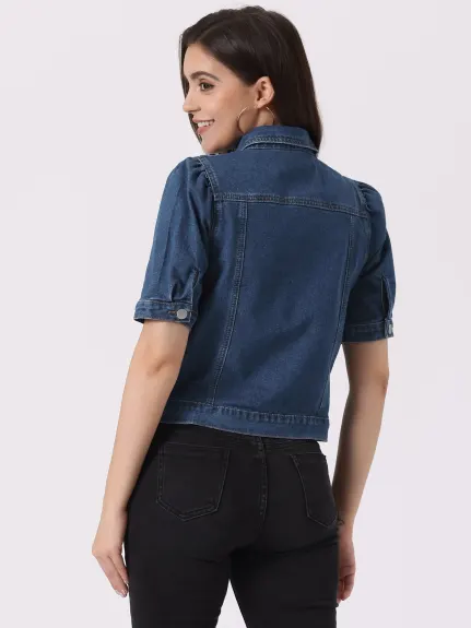 Allegra K- Short Button-Down Jean Denim Jacket